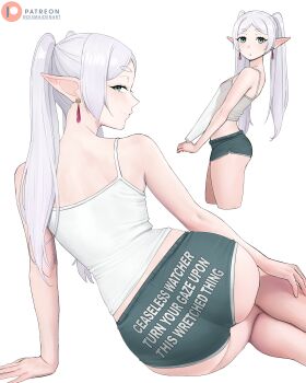 1girl :o absurdres arm_support ass bare_arms bare_shoulders breasts camisole closed_mouth commentary cropped_legs dismaiden dolphin_shorts earrings elf english_commentary english_text frieren from_behind green_eyes green_shorts grey_hair highres jewelry long_hair long_pointy_ears looking_at_viewer looking_back multiple_views paid_reward_available parted_lips patreon_logo pointy_ears profile see-through_silhouette short_eyebrows short_shorts shorts sidelocks simple_background sitting small_breasts smile sousou_no_frieren teardrop_earrings twintails twitter_username white_background white_camisole yokozuwari