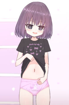 1girl absurdres animal_print bedroom black_eyes black_shirt blush bow_print chest_of_drawers clothes_lift clothes_writing crotch_seam flat_chest floral_print heart heart_print highres lifting_own_clothes loli looking_at_viewer musical_note musical_note_print navel open_mouth original panties pink_panties print_panties print_shirt purple_hair rabbit_print shirt shirt_lift shooko short_hair short_sleeves smile standing stomach treble_clef underwear