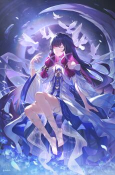 1girl absurdres bare_shoulders barefoot black_hair bridal_gauntlets closed_eyes colored_inner_hair columbina_(genshin_impact) commentary dress dvdarts eye_mask full_body genshin_impact gradient_hair hand_up highres leg_wrap long_hair mask multicolored_hair parted_lips sitting solo twitter_username white_bridal_gauntlets white_dress