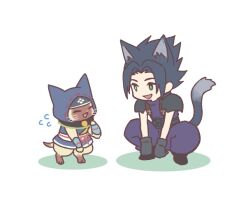 Rule 34 | 1boy, :3, animal, animal ears, armor, belt, black belt, black footwear, black fur, black gloves, black hair, blue hood, boots, brown fur, cat, cat boy, cat ears, cat tail, closed eyes, clothed animal, commentary, crisis core final fantasy vii, crossover, felyne, final fantasy, final fantasy vii, flying sweatdrops, full body, gloves, green eyes, hood, hood up, japanese clothes, kemonomimi mode, looking at another, male focus, monster hunter (series), monster hunter rise, morumoru (kuromrmr), open mouth, pants, parted bangs, pauldrons, purple pants, purple sweater, sash, short hair, shoulder armor, simple background, sleeveless, sleeveless sweater, sleeveless turtleneck, smile, spiked hair, squatting, standing, sweater, tail, turtleneck, turtleneck sweater, white background, zack fair