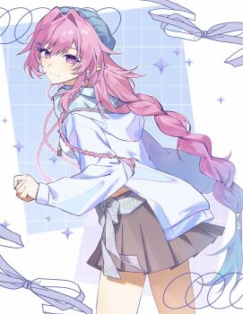 1girl aqua_hair black_skirt blue_hat blue_hood breasts commentary cyrene_(demiurge)_(honkai:_star_rail) cyrene_(honkai:_star_rail) cyrene_(nylon_japan)_(honkai:_star_rail) diamond-shaped_pupils diamond_(shape) earrings hat highres honkai:_star_rail honkai_(series) jewelry long_hair looking_at_viewer medium_breasts multicolored_hair official_alternate_costume pink_hair purple_eyes skirt smile solo symbol-shaped_pupils two-tone_hair very_long_hair zd3rt