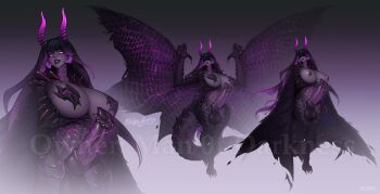 1futa black_hair breasts claws colored_nipples colored_skin dragon_girl erection futanari grey_skin highres horns huge_penis huge_testicles kolga_art large_breasts long_hair looking_at_viewer monster_girl multicolored_hair multiple_views nipples penis purple_eyes purple_hair tail teeth testicles uncensored watermark wings