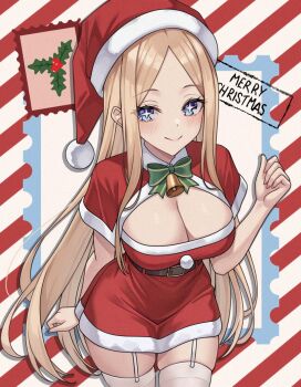 +_+ 1girl aadka5 bell belt black_belt blonde_hair blush bow breasts christmas feet_out_of_frame hat highres large_breasts long_hair looking_at_viewer low_neckline merry_christmas original santa_hat smile solo thighhighs white_thighhighs