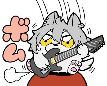 animal_ear_piercing bkub double-parted_bangs ensemble_stars! fangs grey_hair guitar hair_between_eyes holding holding_guitar holding_instrument instrument motion_lines ogami_koga oogami_koga_(wolf) pawpads puff_of_air short_hair simple_background solo sweat v-shaped_eyebrows white_background wolf yellow_eyes