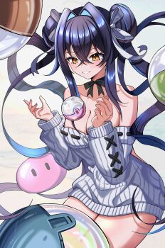 1girl absurdres aqua_streaks black_hair breasts cleavage colored_inner_hair commentary_request double_bun dress goddess_of_victory:_nikke grey_sweater hair_bun hair_intakes highres korean_commentary little_mermaid_(beautiful_bubble)_(nikke) little_mermaid_(nikke) long_sleeves multicolored_hair off-shoulder_sweater off_shoulder official_alternate_costume official_alternate_hairstyle ribbed_dress ribbon-trimmed_sweater ryohyeom shiny_eyes smile solo sweater sweater_dress white_background yellow_eyes