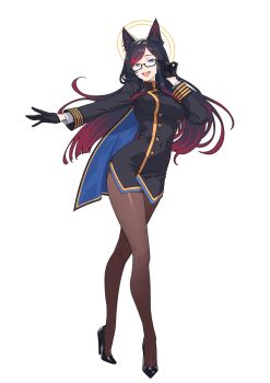 1girl :d adjusting_eyewear animal_ears black_dress black_gloves blue_cape blue_eyes brown_pantyhose buttons cape coat coat_dress commission crossed_legs double-breasted dress glasses gloves gold_trim halo high_collar high_heels highres kuso_otoko long_bangs long_hair military_uniform morgana_le_fay_(winterless) multicolored_hair open_mouth original outstretched_hand pantyhose parted_hair rectangular_eyewear shiny_clothes shiny_footwear shiny_legwear shirt simple_background smile solo streaked_hair watson_cross white_background white_shirt wolf_ears