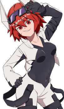 Rule 34 | 1girl, adjusting eyewear, aotu world, black gloves, black shirt, breasts, collarbone, covered navel, cowboy shot, cropped jacket, facial scar, genderswap, genderswap (mtf), gloves, goggles, goggles on head, grin, hair between eyes, hand on own hip, hand up, headgear, highres, jacket, long sleeves, looking at viewer, medium breasts, pants, pius (aotu world), red eyes, red hair, scar, scar on cheek, scar on face, sharp teeth, shirt, short hair, simple background, smile, solo, teeth, thigh strap, user kkya5245, v-neck, white background, white jacket, white pants