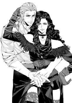 1boy 1girl black_gloves choker darkyu-yj geralt_of_rivia gloves greyscale highres hug hug_from_behind lace lace-trimmed_thighhighs lace_trim long_hair looking_at_viewer monochrome pelvic_curtain scar scar_across_eye scar_on_face shirt simple_background the_witcher_(series) the_witcher_3 thighhighs white_background yennefer_of_vengerberg
