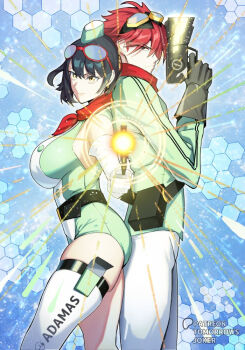 1boy 1girl aiming aiming_at_viewer back-to-back bare_shoulders black_gloves black_hair blue_background breasts cowboy_shot digimon digimon_story:_time_stranger dress elbow_gloves gloves goggles goggles_on_head green_hat green_jacket gun hat holding holding_gun holding_weapon jacket large_breasts pants red_hair red_scarf scarf single_thighhigh thighhighs tomorrowsjoker two-tone_dress weapon white_dress white_gloves white_jacket white_pants white_thighhighs yellow_eyes yuuki_dan yuuki_kanan
