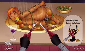 2girls alcohol apple apple_gag arms_behind_back ben_10 bound bound_arms bound_legs bound_wrists cannibalism carrot carrot_insertion commentary corpse cup death drinking_glass eating eggplant empty_eyes english_commentary english_text female_focus food food_gag food_in_mouth food_insertion fork fruit gag gagged guro gwen_tennyson knife loli looma_red_wind marstev multiple_girls object_insertion orange_hair plate pov radish restrained rope seasoning short_hair simple_background solo_focus steam steaming_body thanksgiving vegetable watermark wine wine_glass