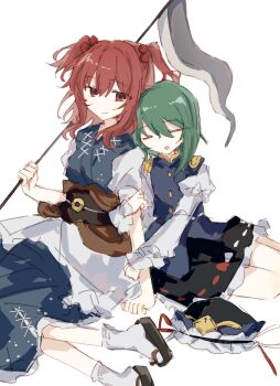 2girls black_hat black_skirt blue_dress blue_vest closed_eyes closed_mouth coin dress green_hair hair_bobbles hair_ornament hat highres holding holding_scythe juliet_sleeves long_sleeves looking_at_viewer medium_hair multiple_girls obi onozuka_komachi open_mouth puffy_sleeves red_eyes red_hair ribbon-trimmed_skirt ribbon_trim sash scythe shiki_eiki short_sleeves simple_background sitting skirt smile touhou two_side_up unworn_hat unworn_headwear vest white_background wusem0108