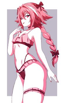 1boy absurdres abysswatchers astolfo_(fate) bikini bow braid braided_ponytail choker closed_mouth fang fate/grand_order fate_(series) hair_bow highres long_hair looking_at_viewer multicolored_hair nail_polish pink_bikini pink_hair pink_nails red_bow red_choker skin_fang smile solo streaked_hair swimsuit thigh_strap tongue tongue_out trap white_background white_hair