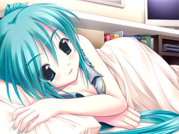1girl amino amino_kohaku bed blush breasts cleavage covers female_focus green_eyes green_hair hatsune_miku long_hair matching_hair/eyes pillow solo under_covers very_long_hair vocaloid