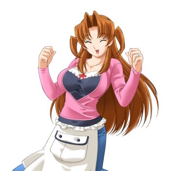 1girl apron breasts brown_hair cleavage closed_eyes game_cg gan-chan_(artist) hitozuma_sentai_aisaiger huge_breasts impossible_clothes impossible_shirt jewelry large_variant_set long_hair magical_girl morisaki_miku non-web_source official_art open_mouth ring saiger_rose shirt skirt smile solo transparent_background two_side_up variant_set wedding_ring