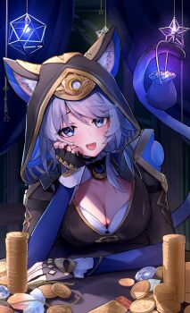 1girl absurdres animal_ear_fluff animal_ears animal_hood arm_rest bad_id bad_twitter_id bag black_gloves black_leotard blue_eyes breasts cat_ears cat_girl cat_hood cat_tail cipher_(honkai:_star_rail) cleavage coin fingerless_gloves gloves gold_coin grey_hair highres holding holding_bag holding_with_tail honkai:_star_rail honkai_(series) hood hooded_leotard leotard looking_at_viewer open_mouth prehensile_tail short_hair_with_long_locks shumai_il solo star_rail_special_pass_(honkai:_star_rail) tail