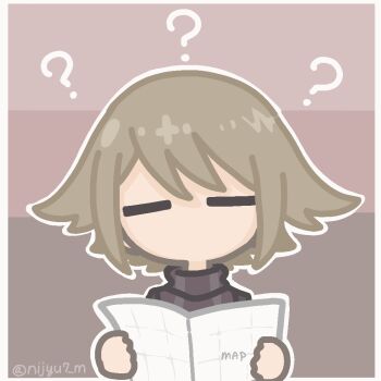 1girl ? ?? animated animated_gif black_sweater border brown_background brown_hair chibi chibi_only closed_eyes facing_viewer gradient_background hair_flaps holding holding_map map nijyu7 no_mouth outline sidelocks simple_background solo sweater thinking turtleneck turtleneck_sweater twitter_username upper_body urotsuki white_border white_outline yume_2kki