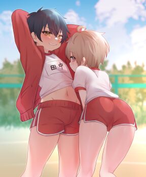 2boys ass bandaid bandaid_on_face bandaid_on_nose blue_hair brown_hair fish02tail gym_shirt gym_shorts gym_uniform hands_behind_own_head highres jacket male_focus mole mole_under_eye multiple_boys navel original shirt short_shorts shorts shota smile stomach thighs trap yellow_eyes