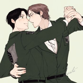 2boys belt black_belt black_hair brown_hair commentary_request dancing facial_hair fingernails freckles goatee_stubble hand_on_another&#039;s_back highres holding_hands jean_kirstein kanataaot long_sleeves male_focus marco_bott multiple_boys shingeki_no_kyojin short_hair signature stubble survey_corps_(emblem) waltz_(dance) yaoi yellow_eyes