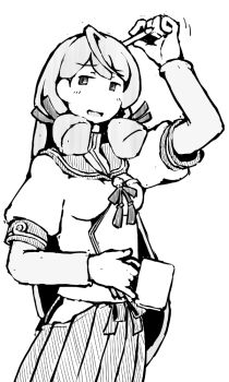 1girl akashi_(kancolle) blunt_tresses clothing_cutout commentary_request cowboy_shot cup dress greyscale hair_ribbon hip_vent kantai_collection layered_sleeves long_hair long_sleeves monochrome mug pencil pleated_dress ribbon sailor_collar sailor_shirt school_uniform serafuku shirt short_over_long_sleeves short_sleeves smile solo task_(s_task80) tress_ribbon