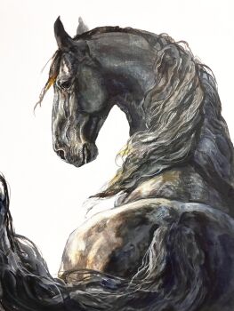 Rule 34 | animal, animal focus, black horse, commentary request, highres, horse, no humans, original, painting (medium), simple background, takahashi shion, traditional media, watercolor (medium), white background
