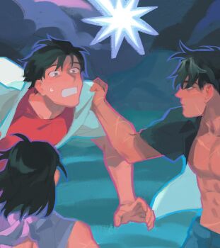 Rule 34 | 1girl, 2boys, black hair, black shirt, clenched teeth, clothes grab, cropped, facial scar, grabbing another's shirt, han sooyoung, kim dokja, multiple boys, muscular, muscular male, nemomosso, official art, omniscient reader's viewpoint, open clothes, open shirt, promotional art, red shirt, scar, scar on arm, scar on cheek, scar on face, scars all over, shirt, short hair, surprised, sweatdrop, teeth, too many, undershirt, upper body, white shirt, yoo joonghyuk