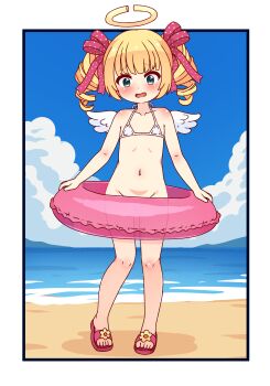 1girl 2kaze absurdres beach bikini bikini_top_only blonde_hair blue_eyes blush border bottomless bow broken_halo character_request cloud collarbone drill_hair flat_chest full_body hair_bow halo halterneck highres indie_virtual_youtuber innertube loli mini_wings navel ocean open_mouth outdoors pink_bow polka_dot polka_dot_bow ribbon sandals short_hair solo standing swim_ring swimsuit toes twin_drills virtual_youtuber white_bikini white_border white_wings wings yellow_halo