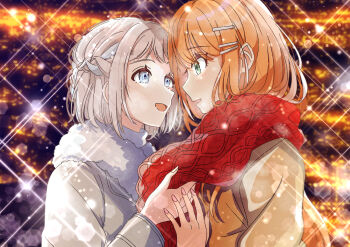 2girls absurdres argyle_clothes argyle_scarf blue_eyes blue_ribbon blurry blush bokeh braid brown_coat coat commentary_request depth_of_field enpera eye_contact fingernails fur-trimmed_coat fur_trim gakuen_idolmaster green_eyes grey_hair hair_ribbon half_up_braid highres idolmaster katsuragi_lilja long_hair looking_at_another multiple_girls orange_hair red_scarf ribbon ribbon_braid scarf shiun_sumika short_hair smile straight_hair suzuka_202224 upper_body yuri
