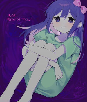 1girl absurdres aubrey_(headspace)_(omori) aubrey_(omori) barefoot blue_shirt blush bow bright_pupils closed_mouth colored_skin dated hair_bow happy_birthday hato_popo_37 highres knees_up long_hair long_shirt looking_at_viewer omori pink_bow purple_eyes purple_hair shirt short_sleeves smile solo white_pupils white_skin