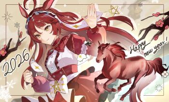 1girl 2026 8_utauyo ahoge animal_ears blush breasts commentary_request creature_and_personification hair_between_eyes hair_ornament happy_new_year highres horse_girl new_year personification red_desire_(racehorse) red_desire_(umamusume) red_hair simple_background small_breasts solo umamusume waving wavy_hair yellow_eyes