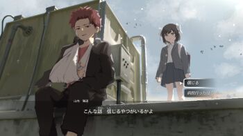 1boy 1girl aqua_eyes arm_sling bandaged_arm bandages black_hair blazer broken_arm cast choice dialogue_box dialogue_options fake_screenshot gakuran gameplay_mechanics highres injury jacket ledge lost_property_control_organization_(samidare) overcast protagonist_(lost_property_control_organization) red_eyes red_hair revision ribbon rooftop samidare_(hoshi) school_uniform short_hair skirt sky subtitled translation_request unbuttoned unbuttoned_shirt user_interface white_ribbon yamauchi_youdou_(samidare)