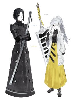 1boy 1girl absurdres albina_(project_moon) alternate_costume android armor asdf1211950 belt black_eyes black_hair black_shirt blunt_bangs blunt_ends boots breastplate cosplay costume_switch fingerless_gloves gauntlets gloves hakama heterochromia highres holding holding_sword holding_weapon japanese_clothes joints limbus_company ponytail project_moon ren_(project_moon) robot robot_girl shirt simple_background sword sword_tassel tassel turtleneck weapon white_background white_eyes white_hair