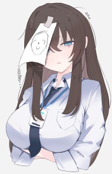 1girl absurdres blue_archive blue_eyes breasts brown_hair doodle_sensei_(blue_archive) female_sensei_(blue_archive) highres large_breasts long_hair necktie nui_(nuinui0300) sensei_(blue_archive) shirt simple_background upper_body white_shirt