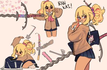 1girl :3 :d absurdres axe bag bare_legs black_skirt blonde_hair blue_eyeshadow blue_lips bow bowtie brown_cardigan cardigan centurii-chan commentary dark-skinned_female dark_skin english_commentary eyeshadow finger_to_mouth flamberge gyaru gyaru_landsknecht_(centurii-chan) hair_ornament hair_scrunchie heart highres huge_weapon katana kogal labubu long_hair long_sleeves looking_at_viewer mace macuahuitl makeup miniskirt multiple_views open_mouth original pleated_skirt ponytail red_bow red_bowtie red_eyes school_bag scrunchie sheath sheathed simple_background skirt smile spiked_mace spikes sword v weapon