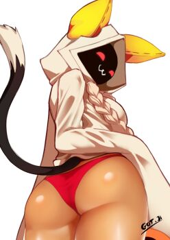 1girl :3 absurdres animal_ears animal_hood arc_system_works arm_at_side artist_name ass ass_focus blazblue blazblue:_calamity_trigger blonde_hair braid breasts cat_ears cat_girl cat_tail closed_mouth clothes_lift cowboy_shot dark-skinned_female dark_skin female_focus from_behind from_below got_ji_(gojich1) hand_on_own_hip highres hood hood_up hoodie hoodie_lift large_breasts low_twin_braids panties red_eyes red_panties simple_background sleeves_past_fingers sleeves_past_wrists solo standing tail taokaka twin_braids underwear white_background white_hoodie