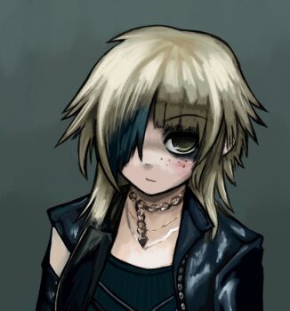 1boy androgynous black_eyeshadow black_jacket blonde_hair blue_hair chain chain_necklace cheek_piercing commentary expressionless eyeshadow face_piercing grey_background hair_over_one_eye highres jacket jewelry kosuke_(visual_kei_musician) makeup male_focus medium_hair multicolored_hair necklace photo-referenced piercing punk real_life solo tomei_shojo two-tone_hair visual_kei zoolpal