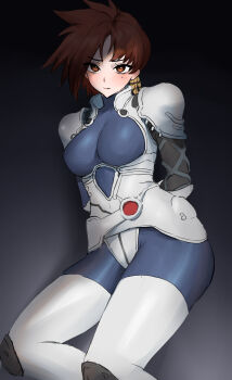 1girl absurdres armor arms_behind_back blue_bodysuit bodysuit breasts brown_eyes brown_hair closed_mouth commentary erorange feet_out_of_frame gradient_background hair_ornament highres iria_(zeiram) iria_zeiram_the_animation large_breasts light_blush looking_at_viewer lying mole mole_under_eye on_side short_hair shoulder_armor skin_tight solo spiked_hair