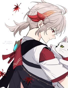 Rule 34 | 1boy, absurdres, animal, antenna hair, cat, chinese commentary, closed mouth, crossed bangs, falling leaves, from side, genshin impact, grey hair, hair between eyes, highres, holding, holding animal, holding cat, japanese clothes, kaedehara kazuha, kayu (yukagoin), leaf, looking at animal, looking down, low ponytail, male focus, maple leaf, multicolored hair, ponytail, profile, red eyes, red hair, short ponytail, short sleeves, sidelocks, simple background, smile, solo, streaked hair, tassel, twitter username, upper body, vision (genshin impact), white background, white cat