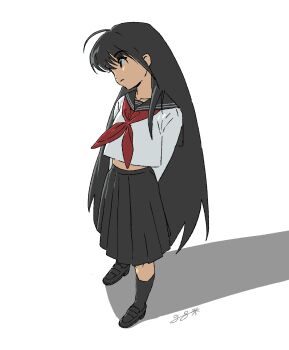 Rule 34 | 1girl, absurdres, ahoge, black hair, black skirt, blue eyes, full body, gaengxgaeng, highres, kneehighs, loafers, long hair, long skirt, neckerchief, original, pleated skirt, school uniform, serafuku, shoes, signature, skirt, socks, solo, standing, very long hair, white background