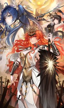 Rule 34 | 3girls, absurdres, ahoge, ancient greek clothes, arm armor, armor, augusta (wuthering waves), bare shoulders, black hair, blue eyes, blue hair, breastplate, breasts, commentary, dress, female rover (wuthering waves), gold bra, greatsword, greco-roman clothes, headgear, highres, himawari (kylsher), holding, holding sword, holding weapon, iuno (wuthering waves), laurel crown, long hair, medium breasts, multiple girls, orange hair, rover (wuthering waves), sword, weapon, white dress, wuthering waves