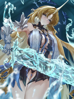 1girl absurdres armored_gloves bare_shoulders black_collar black_dress blonde_hair blue_eyes breasts closed_mouth collar commentary dress earrings fleurdelys_(wuthering_waves) floating_earrings gluteal_fold highres holding holding_sword holding_weapon horns jewelry large_breasts long_hair looking_at_viewer necklace noazzark pointy_ears single_horn solo sword thigh_gap thighs very_long_hair weapon wuthering_waves yellow_horns