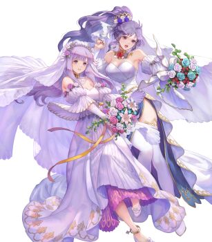 2girls attack bouquet breasts bridal_veil circlet cleavage dress fire_emblem fire_emblem:_genealogy_of_the_holy_war fire_emblem_heroes flower gloves hair_flower hair_ornament highres holding holding_bouquet ishtar_(bride)_(fire_emblem) ishtar_(fire_emblem) julia_(bride)_(fire_emblem) julia_(fire_emblem) long_hair lonvanelk medium_breasts multiple_girls nintendo non-web_source official_alternate_costume official_art open_mouth ponytail purple_eyes purple_hair side_slit small_breasts thighhighs veil wedding_dress white_gloves