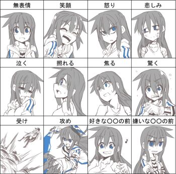 1girl adyisu angry area_aquamarine bandaid black_hair blue_eyes blush chart crying expression_chart multiple_expressions closed_eyes female_focus hood hoodie laughing long_hair looking_at_viewer monochrome multiple_views musical_note open_mouth original short_hair smile spot_color surprised sword tears teeth upper_body weapon white_background