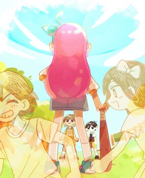 1girl 2boys antenna_hair aubrey_(faraway)_(omori) aubrey_(omori) baseball_bat black_eyes black_hair black_shoes black_sweater_vest blue_hairband blue_shoes blue_skirt blue_sky bright_pupils brown_hair brown_shorts child closed_mouth cloud collared_shirt commentary_request dark-skinned_male dark_skin day denim denim_skirt double-parted_bangs from_behind hair_between_eyes hairband highres holding holding_baseball_bat jacket kel_(faraway)_(omori) kel_(omori) long_hair looking_at_viewer multiple_boys nail_(hardware) nail_bat o_tori_mhyk omori open_mouth orange_shoes orange_shorts outdoors pink_hair shirt shoes short_hair short_sleeves shorts skirt sky sneakers socks sunny_(omori) sweater_vest tree white_jacket white_pupils white_shirt white_socks