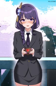Rule 34 | 1girl, alternate costume, artist name, black jacket, black skirt, black suit, blue sky, blunt bangs, blurry, blush, box, braid, business suit, cherry blossoms, chocolate, collared shirt, commentary, day, depth of field, english commentary, formal clothes, genshin impact, hair ornament, head tilt, heart-shaped box, highres, holding, jacket, kulojawa, long sleeves, looking at viewer, necktie, nose blush, outdoors, pov, purple nails, raiden shogun, shade, shirt, single braid, skirt, sky, solo, standing, suit, suit jacket, upper body, valentine, white shirt