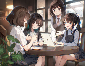 4girls :o black_skirt blue_eyes blue_hair blue_shirt blush brown_eyes brown_hair cafe cellphone chain clipboard closed_eyes collared_shirt colored_inner_hair commentary_request computer cup dress holding holding_clipboard holding_cup holding_phone indoors laptop long_hair long_sleeves looking_at_another multicolored_hair multiple_girls necktie nyoro_(nyoronyoro000) open_mouth original phone pinafore_dress plant pleated_skirt red_necktie saucer shirt short_hair short_sleeves sitting skirt sleeveless sleeveless_dress smile table teacup white_shirt wind
