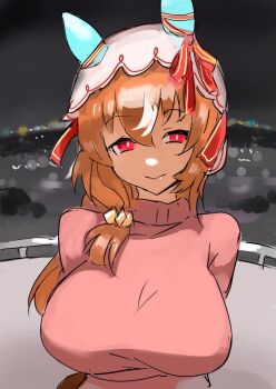 1girl alternate_breast_size_(larger) alternate_costume animal_ears breasts casual closed_mouth commentary_request hair_between_eyes hair_ornament horse_ears horse_girl large_breasts long_hair looking_at_viewer night portrait red_eyes sinzan smile solo still_in_love_(umamusume) umamusume veil