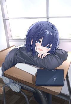 1girl :d black_pantyhose blue_eyes blue_hair chair day desk grey_jacket hair_between_eyes highres indoors jacket looking_at_viewer neku_(neku_draw) open_mouth original pantyhose pleated_skirt sailor_collar school_chair school_desk school_uniform serafuku skirt smile solo sunlight white_sailor_collar white_skirt window wooden_floor