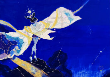 1girl absurdres bare_legs barefoot black_hair commentary_request constellation facing_away from_behind full_body halo highres japanese_clothes kimono night original outstretched_arms ribbon shiguretau short_kimono sky sleeves_past_fingers sleeves_past_wrists solo spread_arms star_(sky) starry_sky traditional_media updo white_kimono wide_sleeves