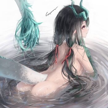 arknights artist_name black_hair colored_extremities colored_skin dragon_girl dragon_horns dragon_tail dusk_(arknights) eastern_dragon_horns eastern_dragon_tail green_hands green_horns green_skin hair_ribbon hashtag-only_commentary highres horns long_hair nude pointy_ears rain red_eyes ribbon shi3 striped_hair tail very_long_hair water wet wet_hair