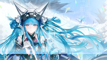 1girl absurdres arknights arknights:_endfield bare_shoulders blue_hair blunt_bangs bodysuit chinese_commentary commentary_request demon_girl demon_horns demon_tail highres hime_cut horns ice last_rite_(arknights) long_hair long_sidelocks looking_at_viewer multicolored_eyes official_art orange_eyes pointy_ears sidelocks snow solo tail two-tone_eyes upper_body yomi_tamashi